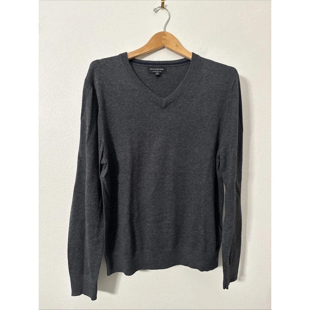 Banana Republic Dark Gray Sweater Cotton Cashmere Silk Blend Men's V Neck Sz Med
